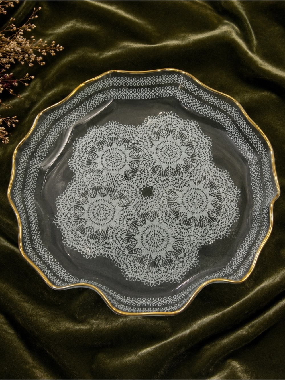 Crystal Clear Studios White Lace Fluted Round Platter Gold Gilt Vintage